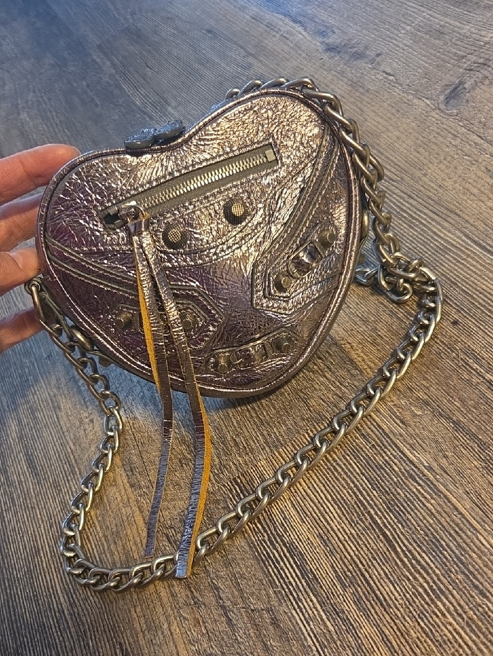 Balenciaga Mini Silver Heart Leather Le Cagole Purse Chain Strap